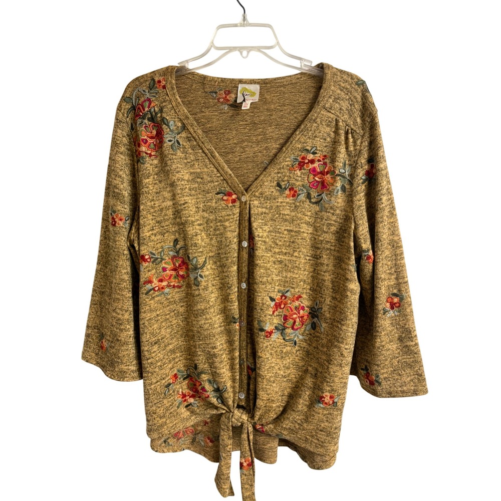 Fig and Flower Womens 2X Brown Beige Floral Embroidered Tie Front Top Boho